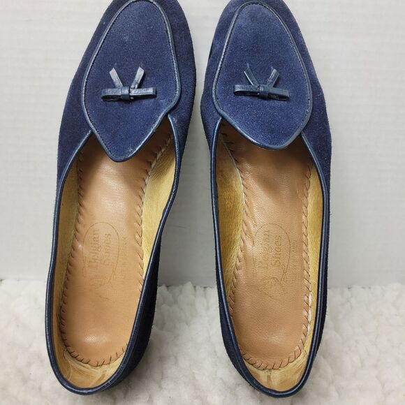 Belgian  Midinette Womsn's Slippers Shoes Size 7 Navy Blue Suede Loafers Bow Tie - Picture 10 of 12